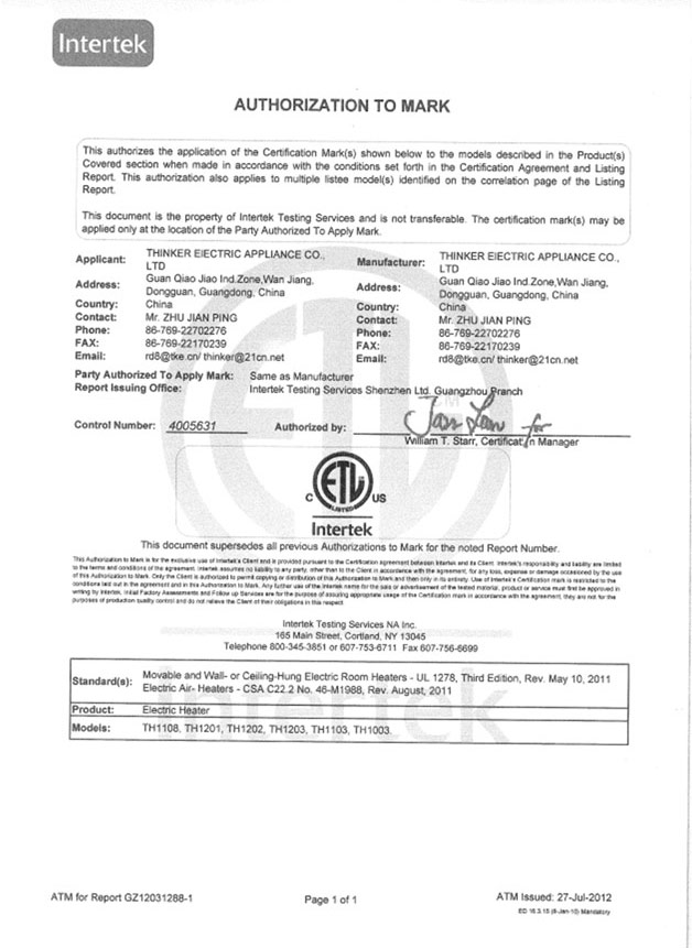 ETL/CETL Certificate